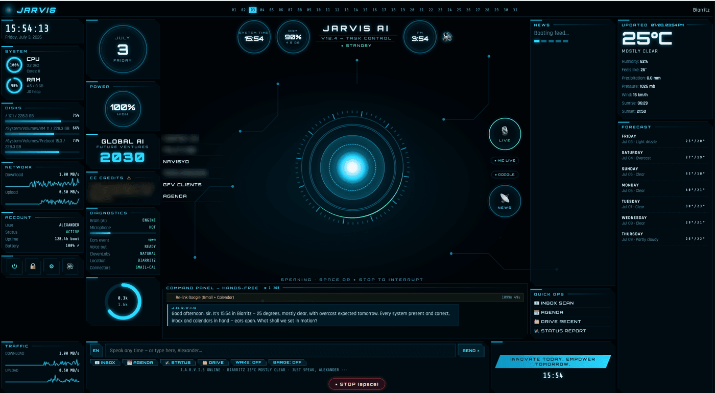 The real JARVIS voice HUD: task control, live diagnostics, command panel